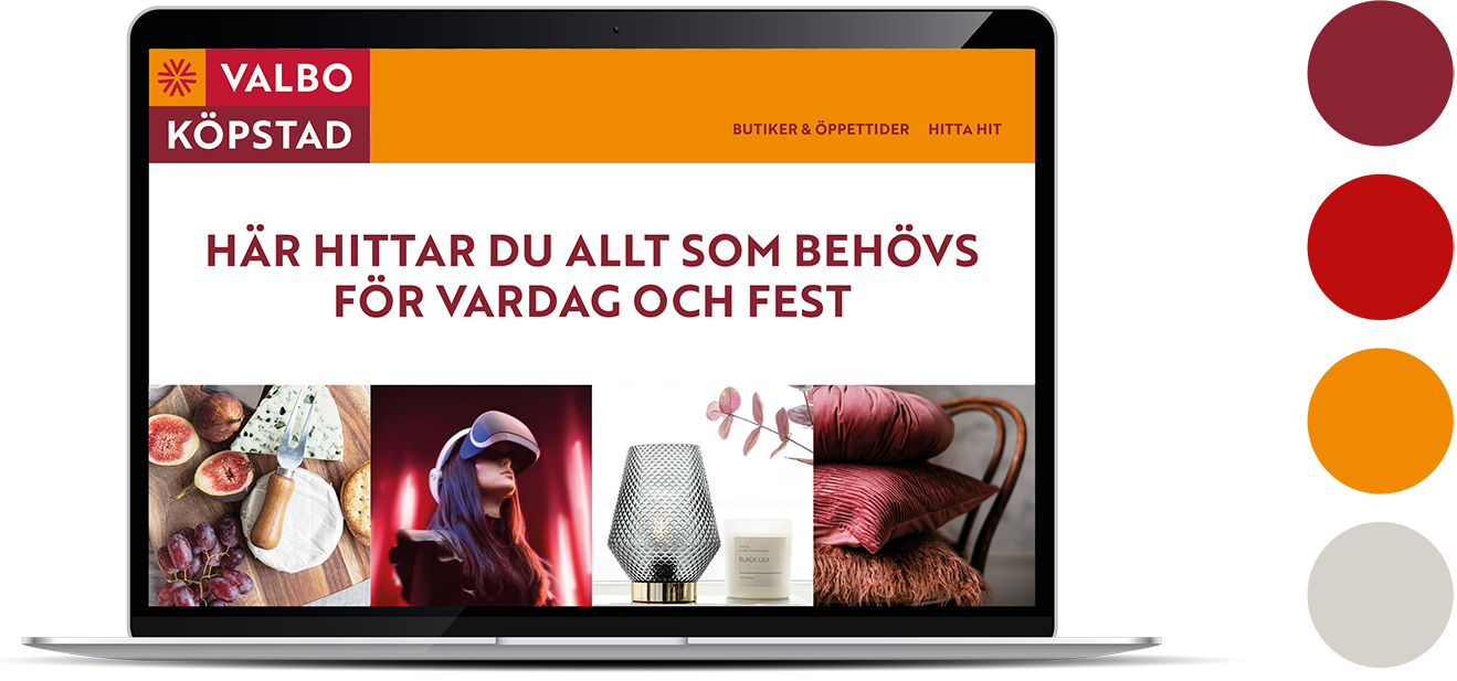 Valbo köpstads grafiska profil presenterat i en laptop
